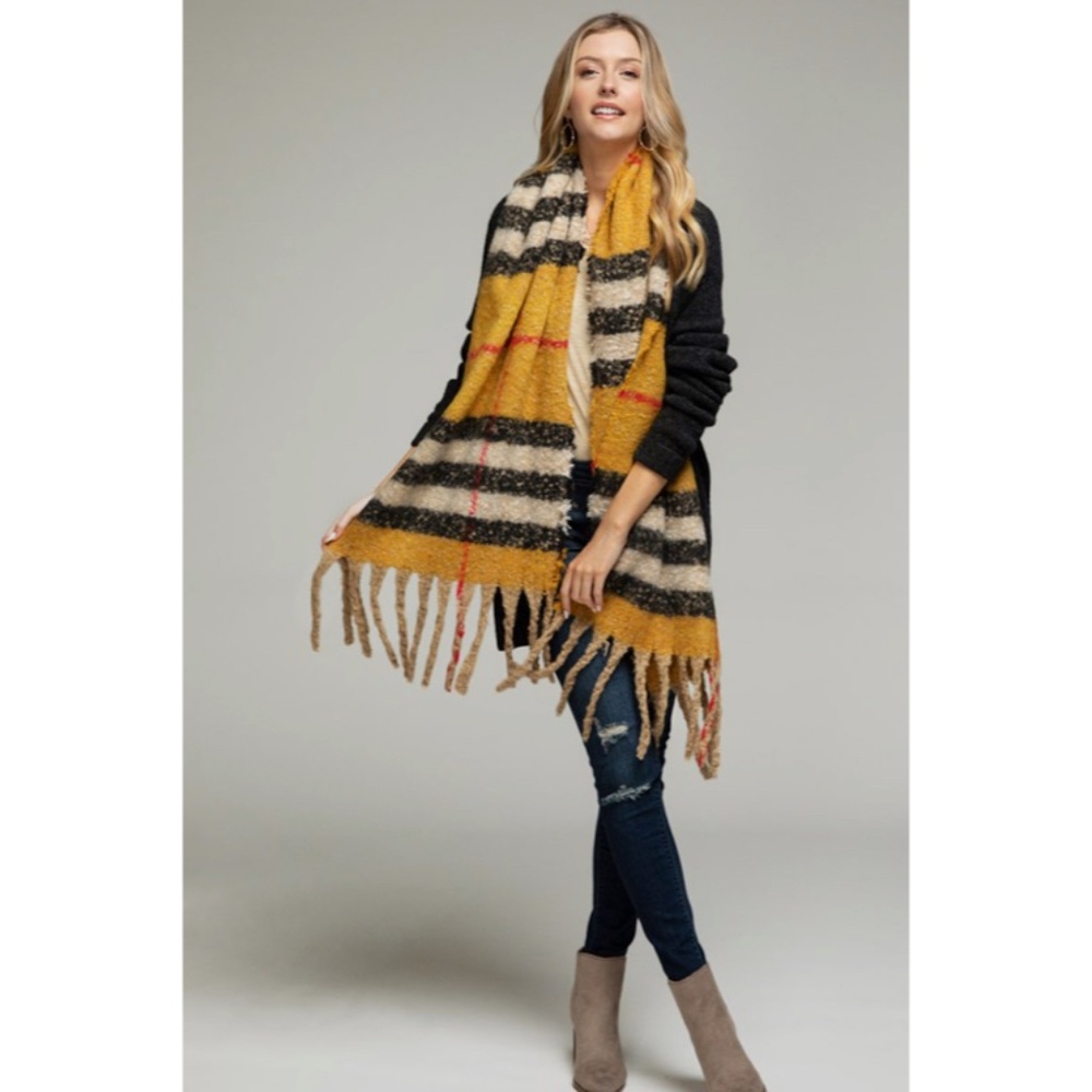 SOLD OUT Mustard Plaid Boucle Oblong Winter Fall Women's Casual Scarf w/ Fringe - Picture 3 of 4
